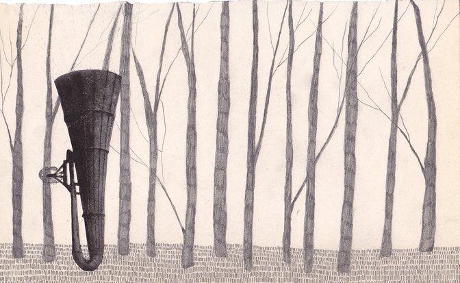 Graphite and collage on paper. Resembling a forest playing an instrument. Scann of original work. 