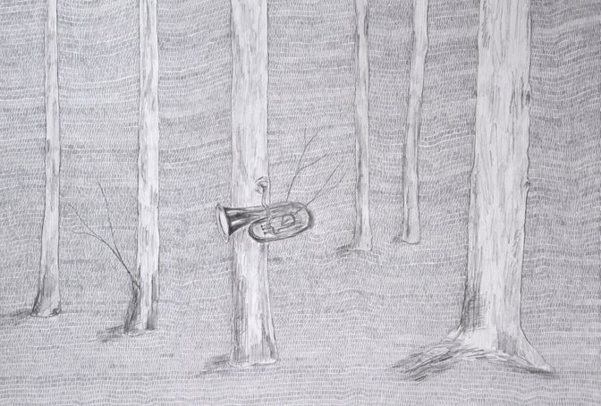 Graphite drawing of a forest playing a tuba (part of a series). Scann of original work. 