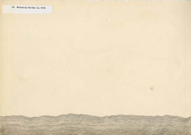 Graphite and collage on paper. Resembling an ocean horizon, with the title "Woman by the Sea. Ca. 1818 glued on. Scann of original work. 